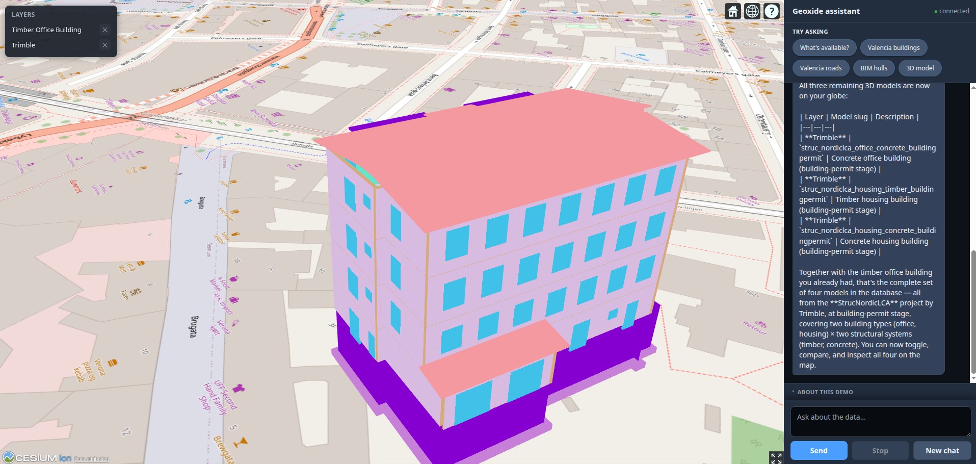 A georeferenced IFC/BIM office building rendered in 3D on the Cesium globe