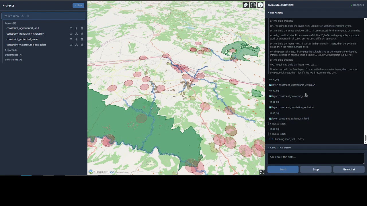 Constraint layers, including watercourse, protected-area and population exclusion buffers, drawn on the map as the agent builds them