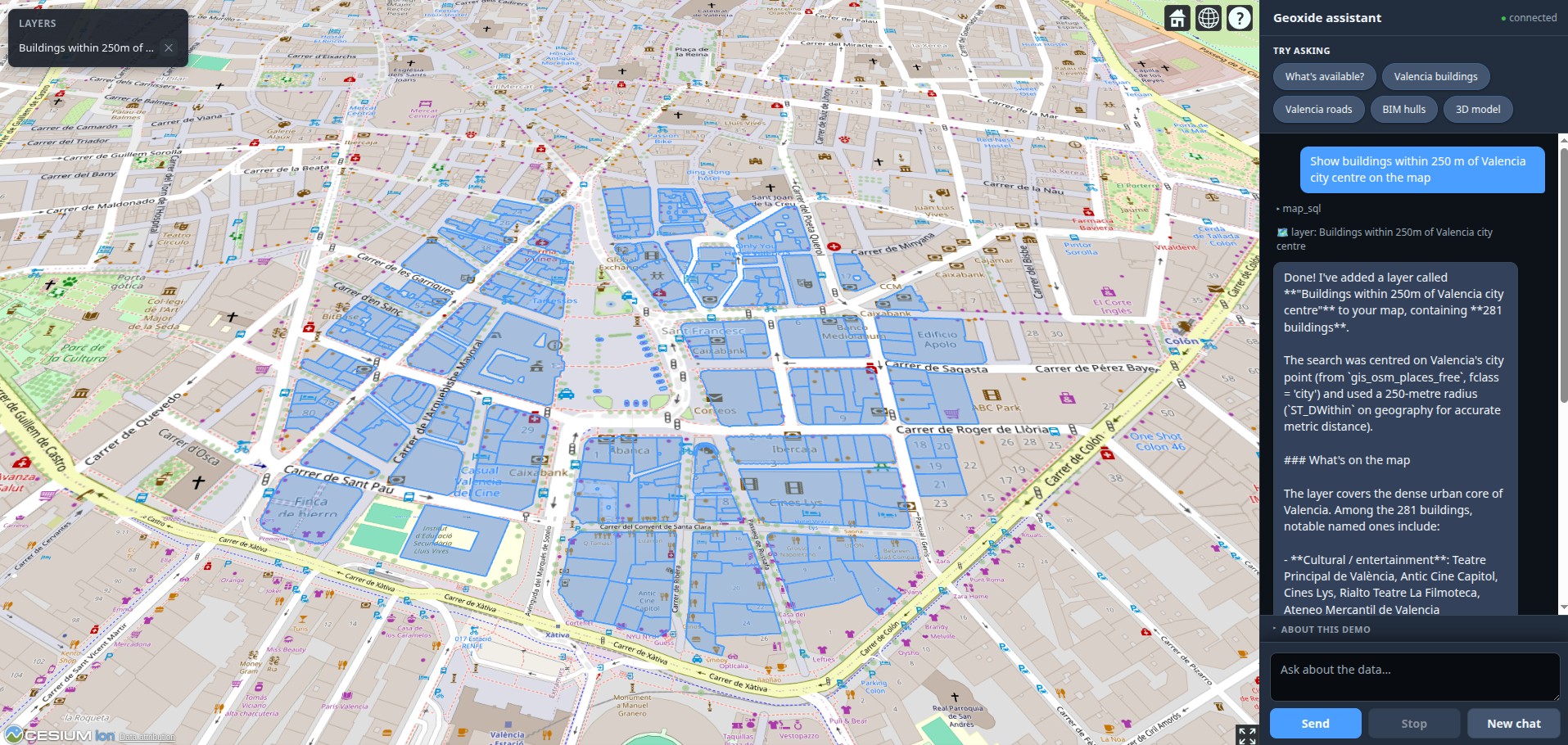 Buildings within 250 m of Valencia's city centre highlighted on the map, with the reasoning explained in chat