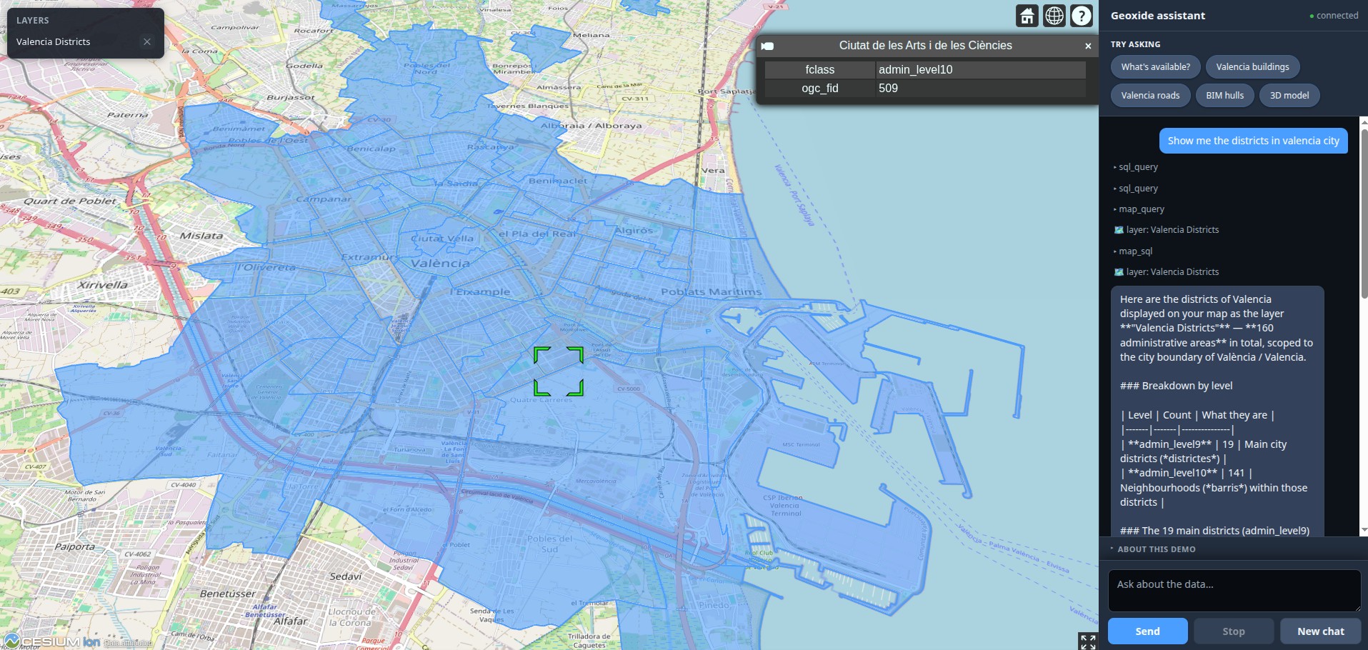 Geoxide showing Valencia's administrative districts as a map layer, with a breakdown in the chat panel